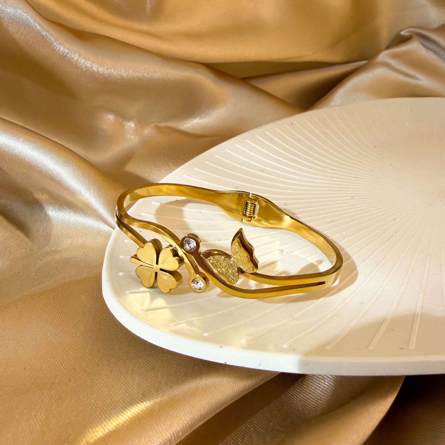 Gold Flower Butterfly Cuff Bracelet minimal kada bracelet for everyday wear by Rumikaya