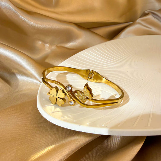 Gold Flower Butterfly Cuff Bracelet minimal kada bracelet for everyday wear by Rumikaya